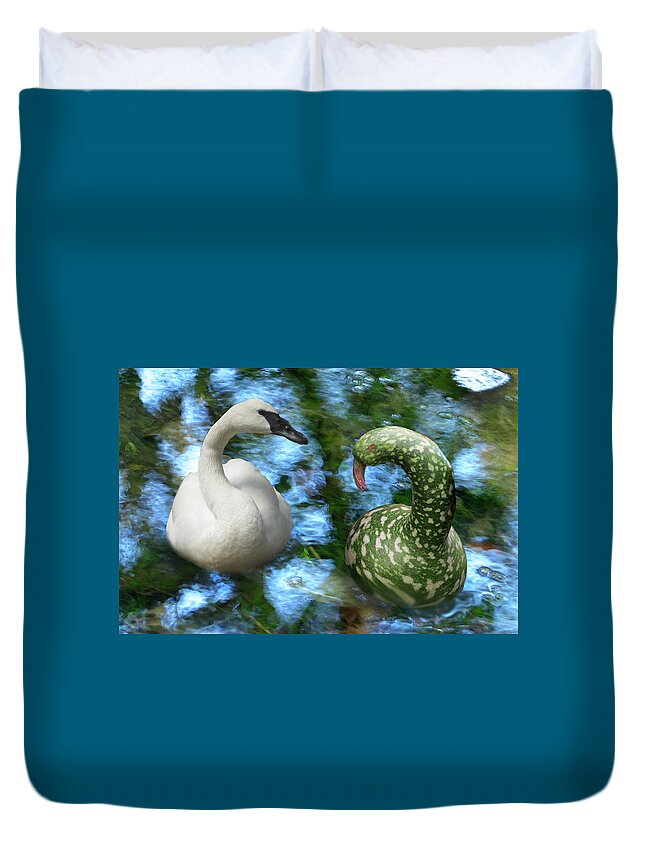 Swan Duvet Cover featuring the digital art Swans by Lisa Yount