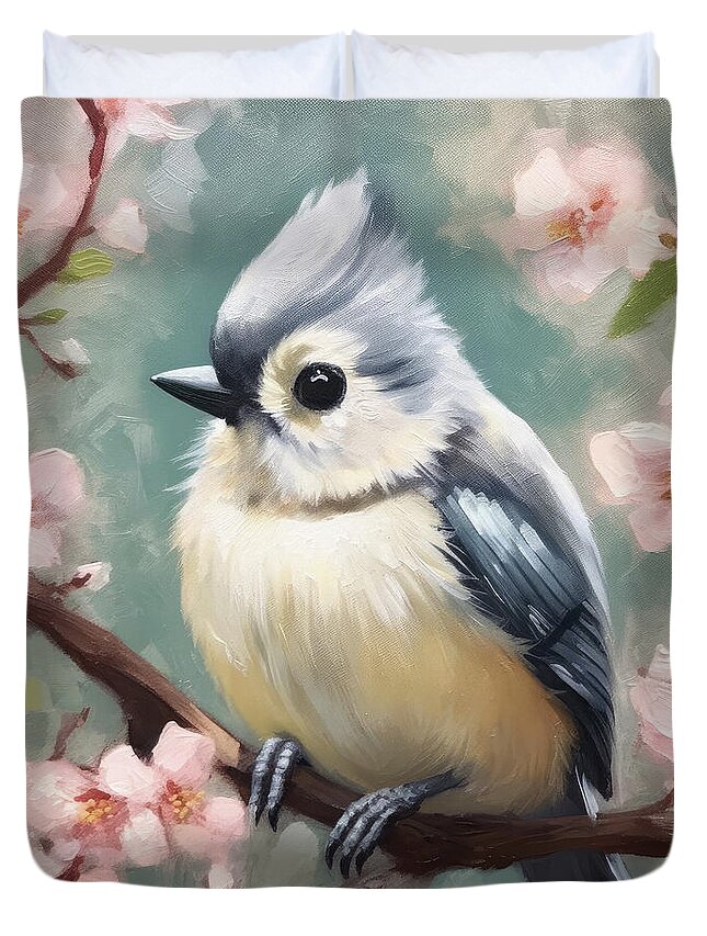 Tufted Titmouse Duvet Cover featuring the painting Sweet Charming Titmouse by Tina LeCour