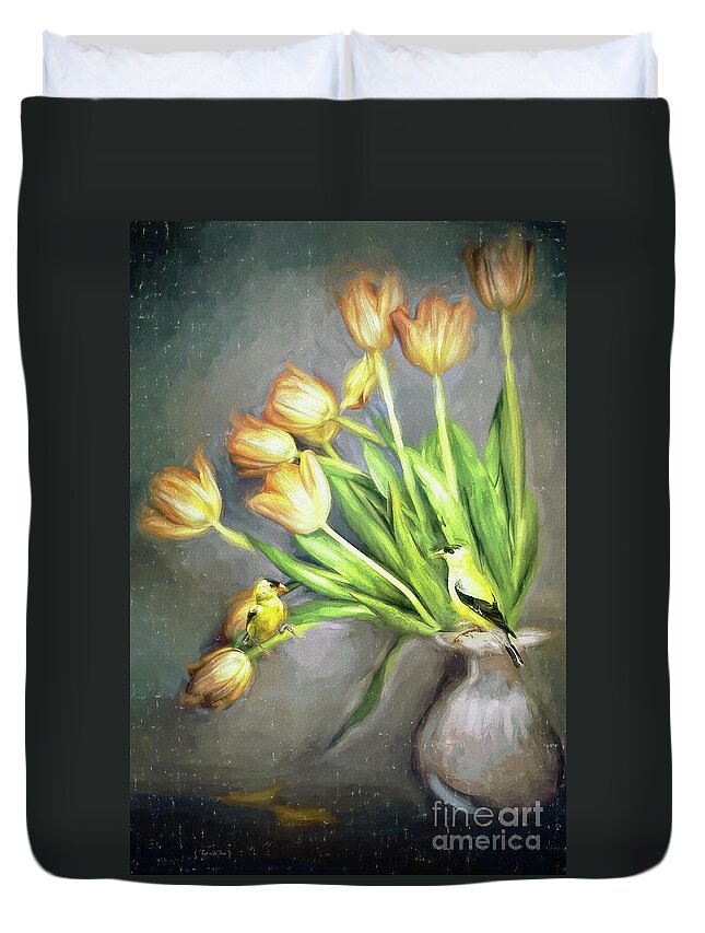American Goldfinches Duvet Cover featuring the painting Sweet Goldfinches by Tina LeCour
