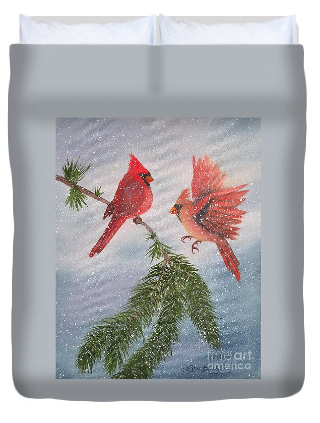 Cardinals Duvet Cover featuring the painting Sweet Pair of Cardinals by Lora Duguay