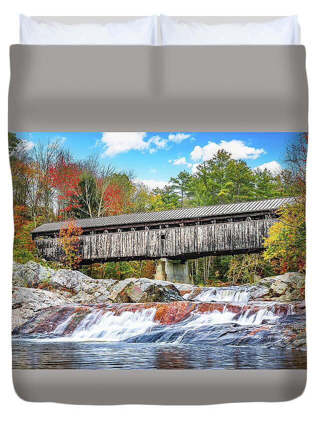 Swiftwater Duvet Cover featuring the photograph Swiftwater Covered Bridge in Bath, New Hampshire by Mihai Andritoiu
