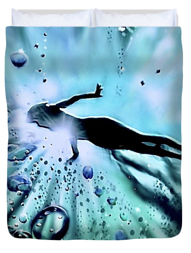Sport Duvet Cover featuring the digital art Swimmer and Bubbles by Darren Cannell
