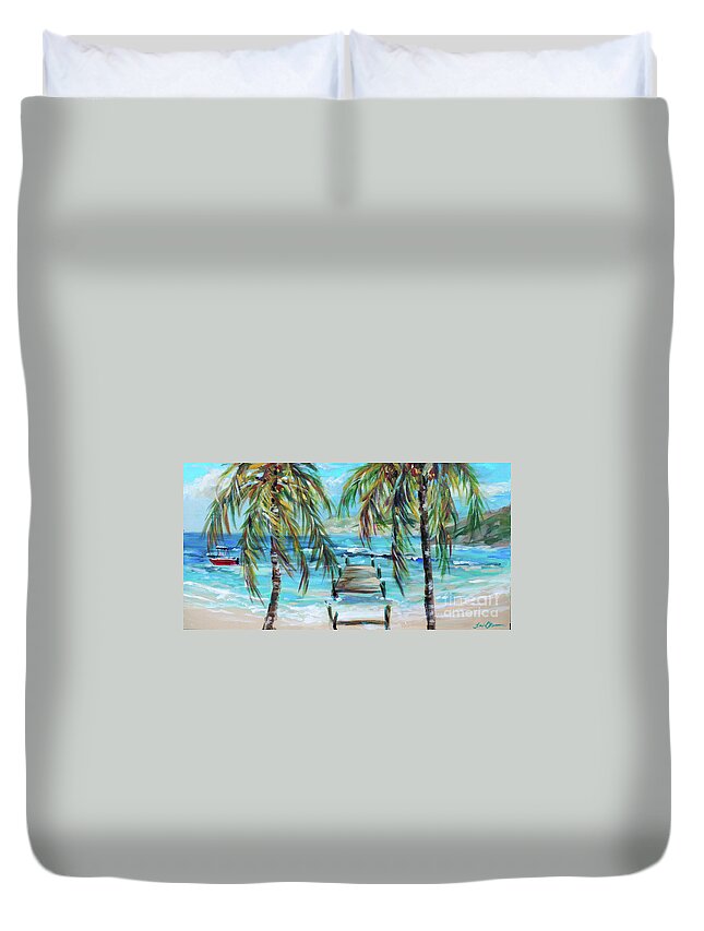 Ocean Duvet Cover featuring the painting Swimming Dock at Turtle Bay by Linda Olsen
