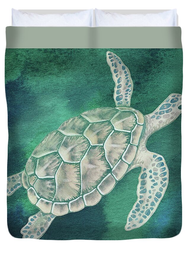 Giant Turtle Duvet Cover featuring the painting Swimming Free In Teal Green Blue Sea Turtle by Irina Sztukowski