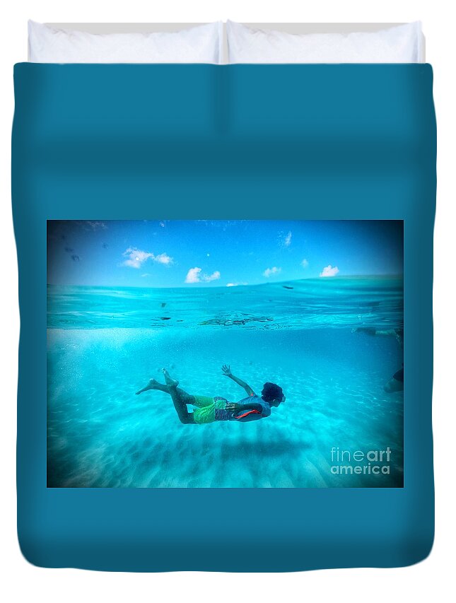 Grand Anse Beach Duvet Cover featuring the photograph Swimming Free by Laura Forde