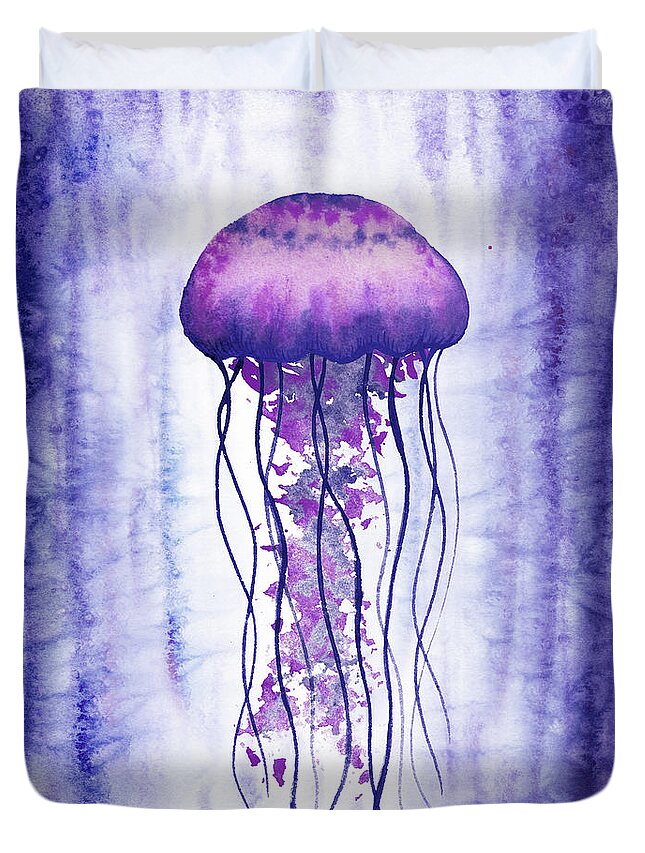 Purple Duvet Cover featuring the painting Swimming In Purple Ocean Jellyfish Watercolor by Irina Sztukowski