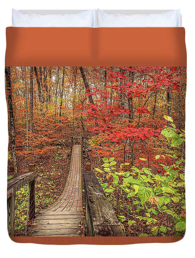 Cory Duvet Cover featuring the photograph Swinging Bridge in Autumn by Tom and Pat Cory