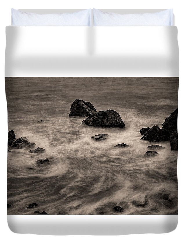Long Exposure Duvet Cover featuring the photograph Swirling waters, long exposure by the sea by Alessandra RC
