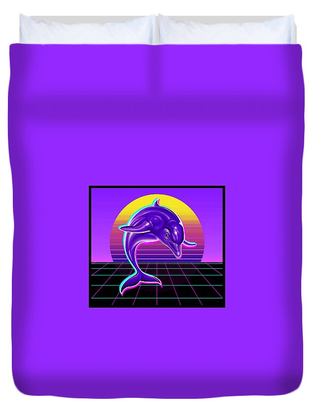 Ecco Duvet Cover featuring the digital art Synthwave Dolphin by Shawn Dall