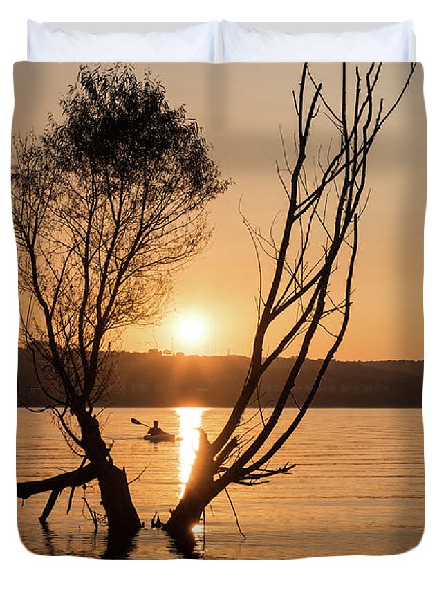 Branson Duvet Cover featuring the photograph Table Rock Sunrise Kayaking by Jennifer White
