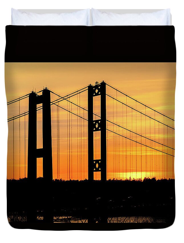 Tacoma Duvet Cover featuring the photograph Tacoma Narrows Bridges Fiery Sunset by Rob Green