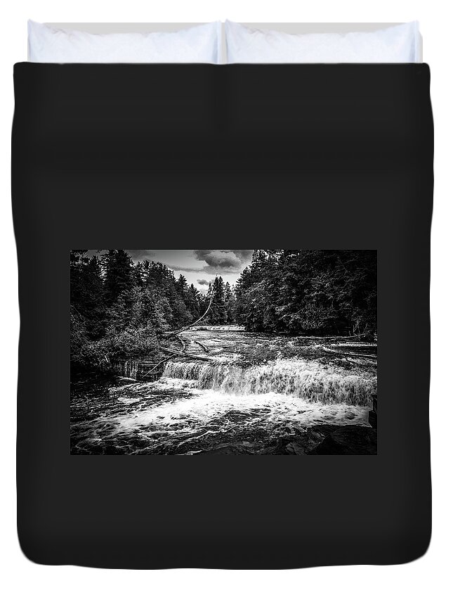 Tahquamenon Falls State Park Duvet Cover featuring the photograph Tahquamenon Lower Falls in Black and White by Deb Beausoleil