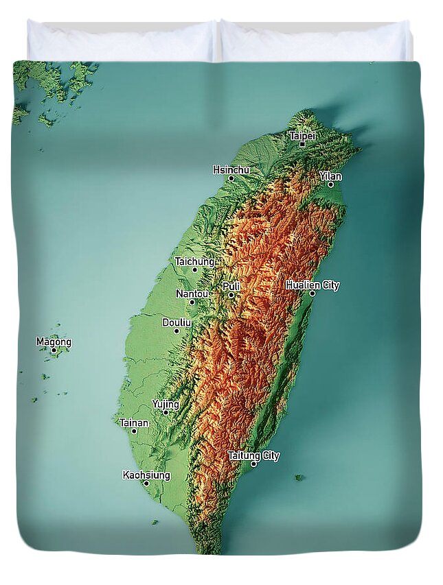 Taiwan Duvet Cover featuring the digital art Taiwan 3D Render Topographic Map Color Cities by Frank Ramspott