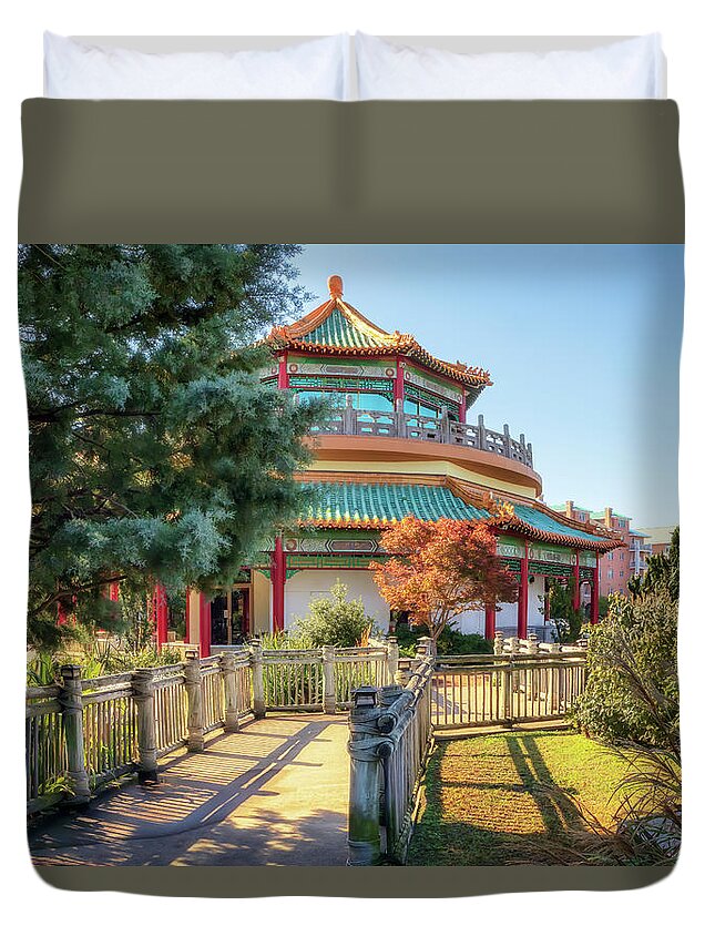 Pagoda Duvet Cover featuring the photograph Taiwan Friendship Pavillion - Norfolk by Susan Rissi Tregoning