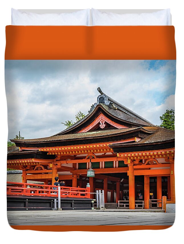 Shrine Duvet Cover featuring the photograph Taka-Butai or high stage, part of Itsukushima shrine on Miyajima by Lyl Dil Creations