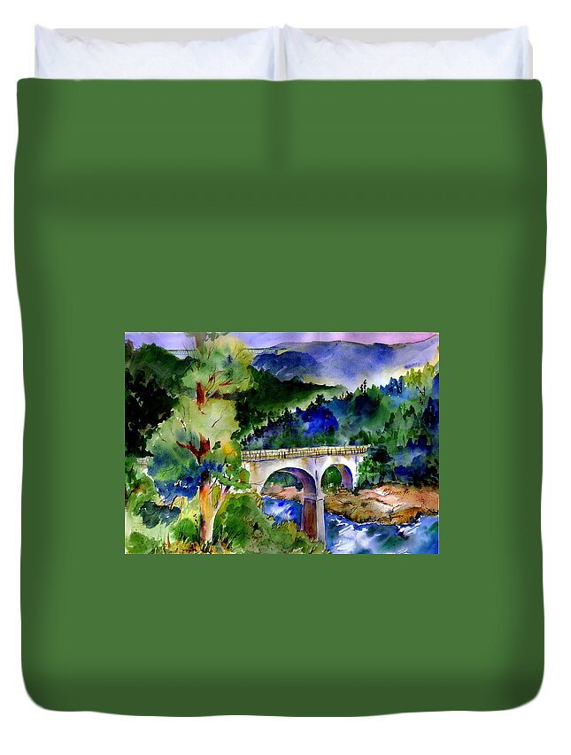 No Hands Bridge Duvet Cover featuring the painting Tale of Two Bridges by Joan Chlarson