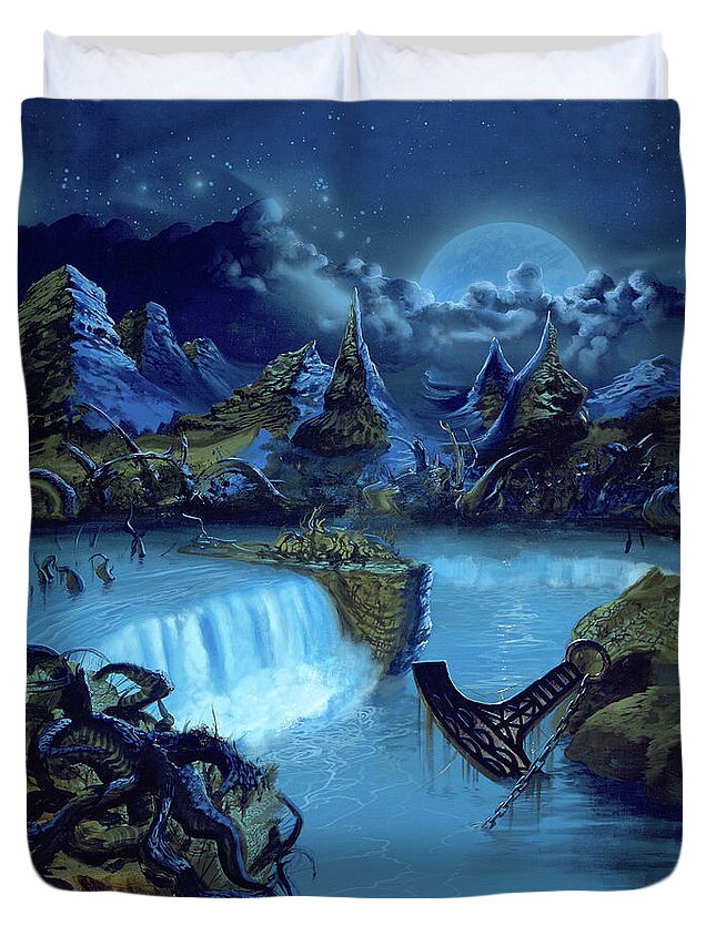 Amorphis Duvet Cover featuring the painting Tales from the Thousand Lakes by Sv Bell
