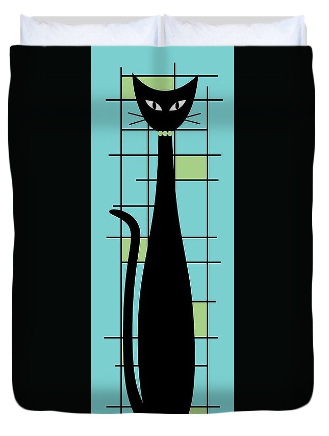 Mid Century Modern Cat Duvet Cover featuring the digital art Tall Mondrian Cat on Blue by Donna Mibus