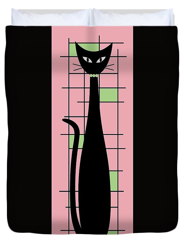 Mid Century Modern Cat Duvet Cover featuring the digital art Tall Mondrian Cat on Pink by Donna Mibus