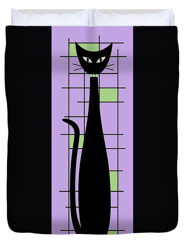 Mid Century Modern Cat Duvet Cover featuring the digital art Tall Mondrian Cat on Purple by Donna Mibus