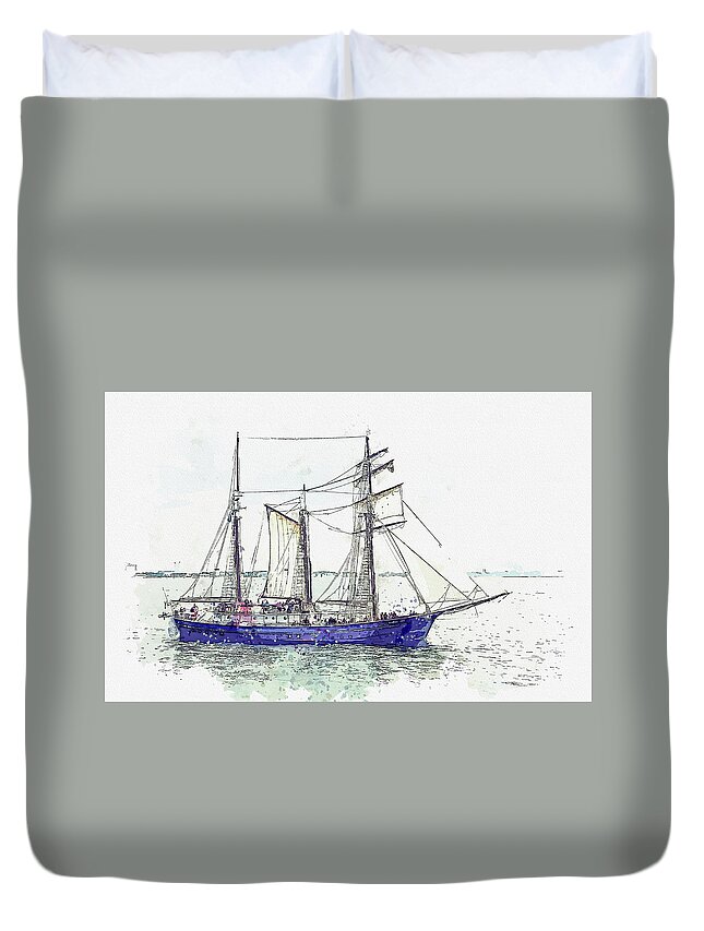 Sea Duvet Cover featuring the painting Tall Sail Ship 34, ca 2021 by Ahmet Asar, Asar Studios by Celestial Images