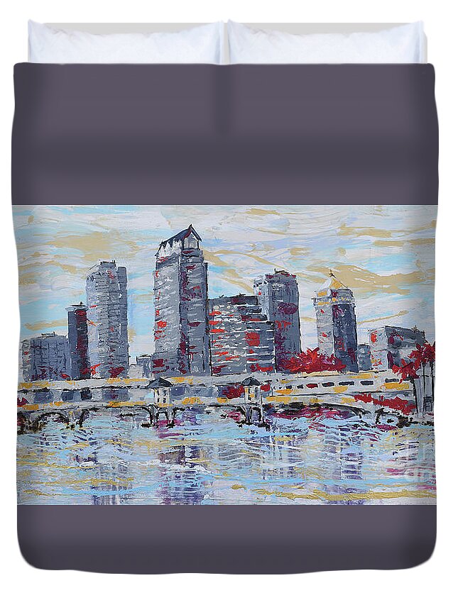  Duvet Cover featuring the painting Tampa Downtown Skyline by Jyotika Shroff