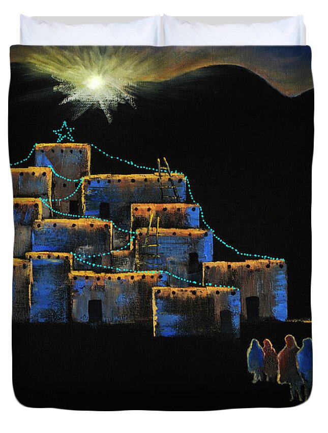Taos Pueblo Duvet Cover featuring the painting Taos Christmas by Jerry McElroy