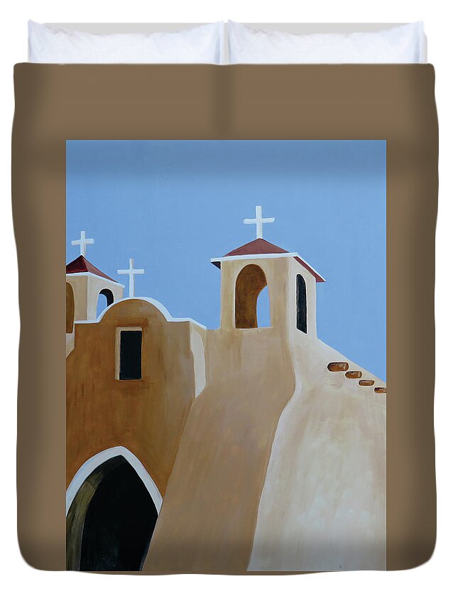 Taos Duvet Cover featuring the painting Taos Church One by Ted Clifton