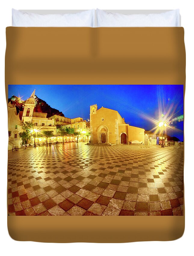 Architecture Duvet Cover featuring the photograph Taromina Nights by Eggers Photography