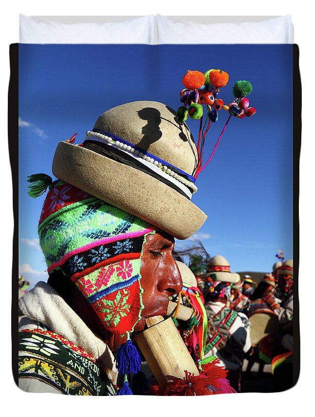 Portrait Duvet Cover featuring the photograph Tarqueada musician portrait Bolivia by James Brunker