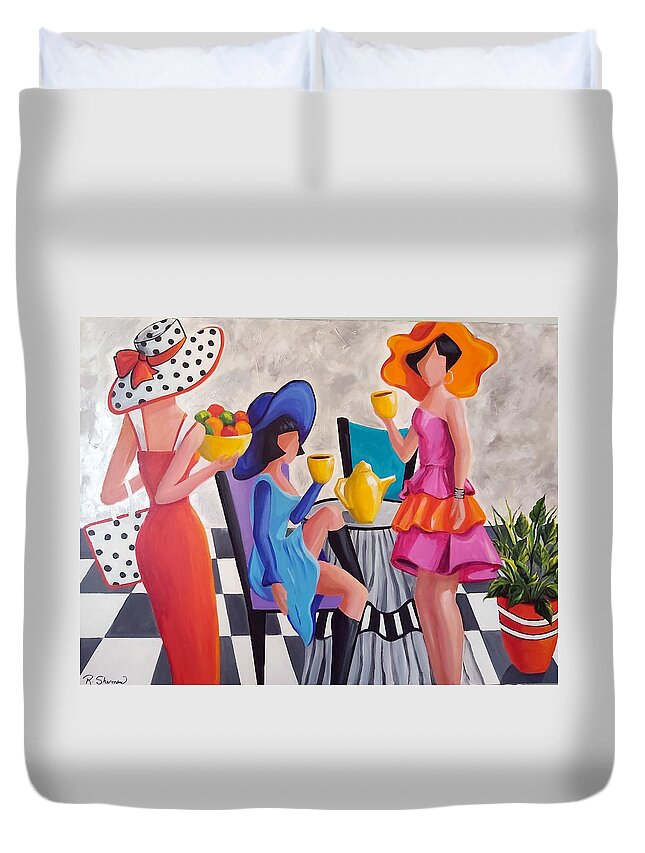 Figurative Duvet Cover featuring the painting Tea For Three by Rosie Sherman