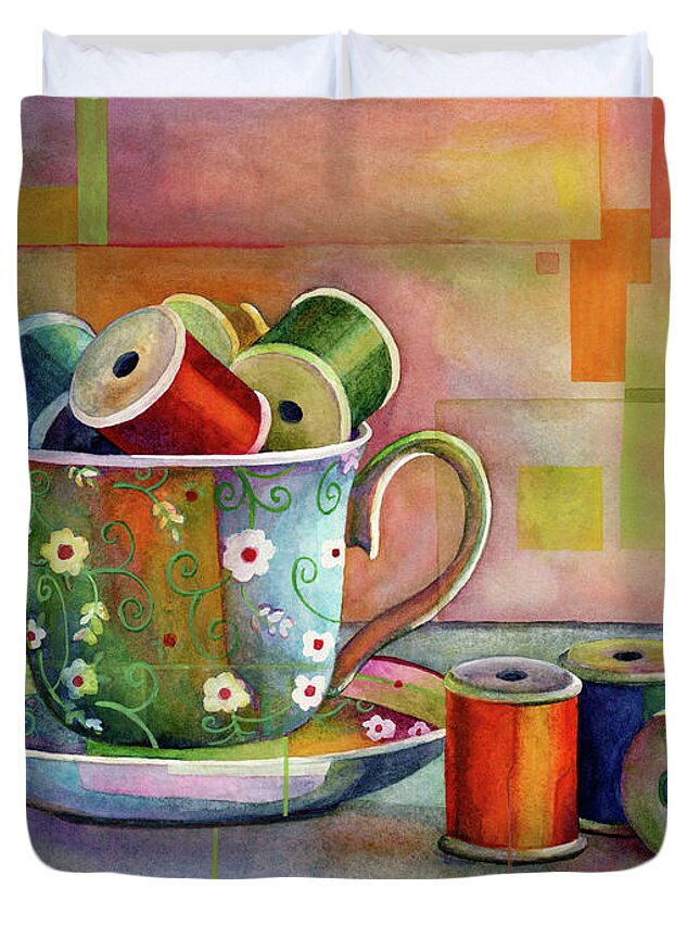 Teacup Duvet Cover featuring the painting Teacup and Spools by Hailey E Herrera