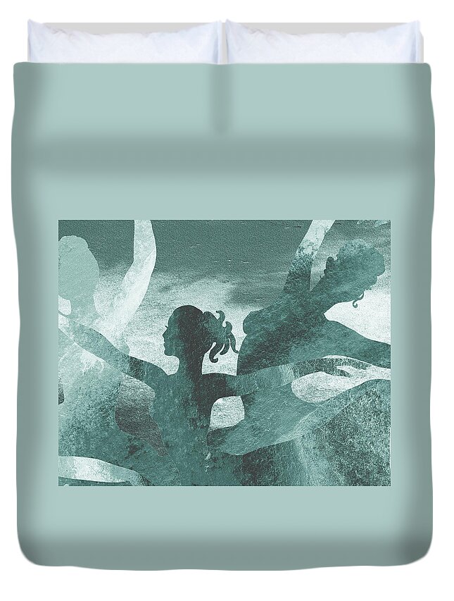 Ballerinas Duvet Cover featuring the painting Teal Gray Watercolor Spinning Gorgeous Move Of Ballerinas Silhouette II by Irina Sztukowski