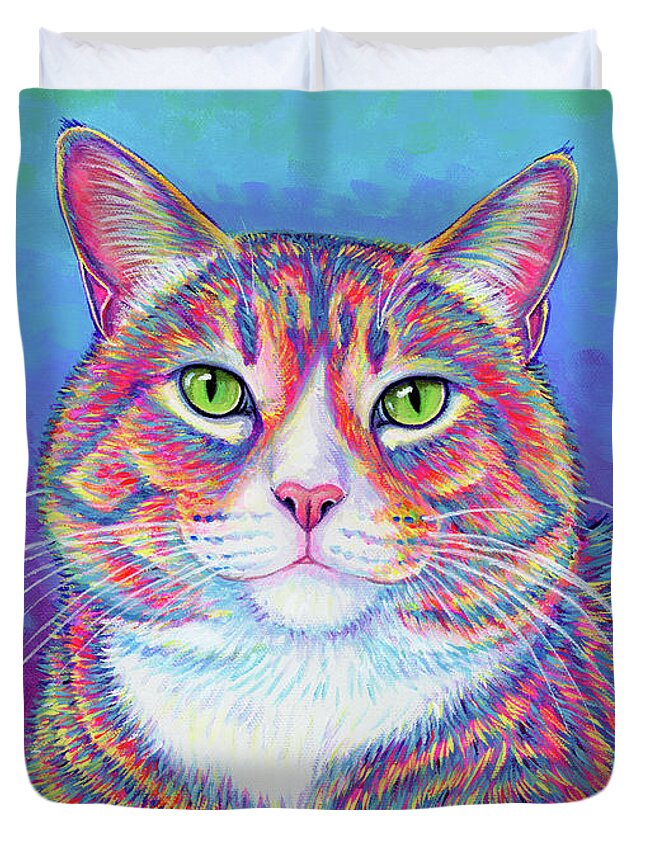 Cat Duvet Cover featuring the painting Teddy the Colorful Brown Tabby Cat by Rebecca Wang