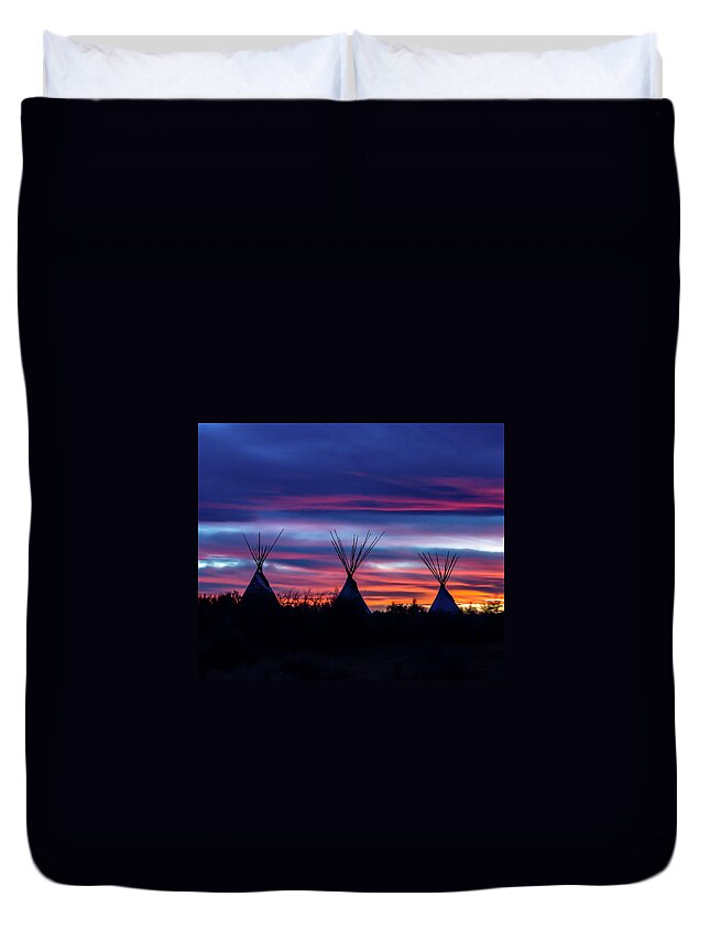 Taos Duvet Cover featuring the photograph Tee Pees in clouds of color by Elijah Rael