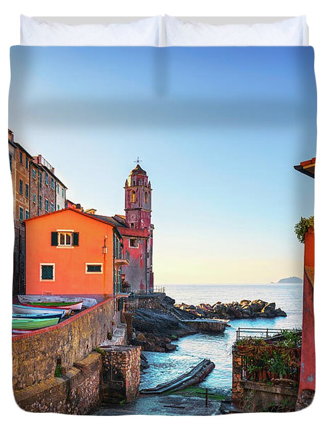 Tellaro Duvet Cover featuring the photograph Tellaro Street and Sea, Liguria by Stefano Orazzini