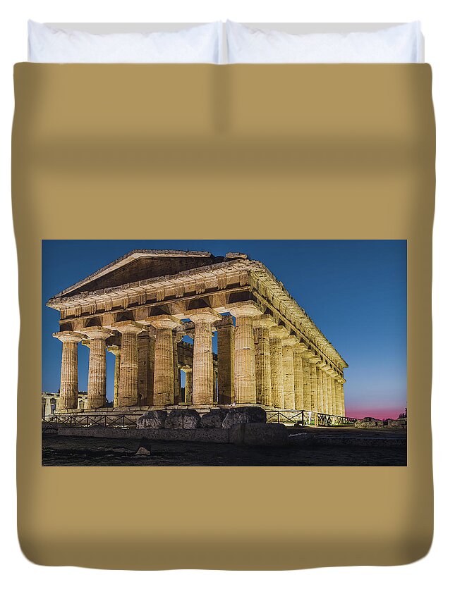 Amazing Place Duvet Cover featuring the photograph Temple of Neptune at sunset by Umberto Barone
