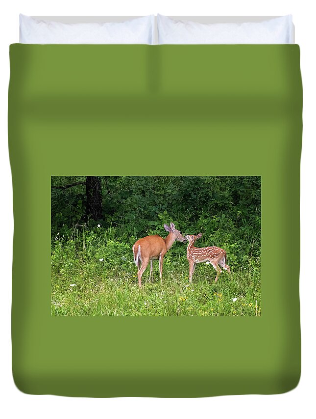Deer Duvet Cover featuring the photograph Tender Moment by Linda Shannon Morgan