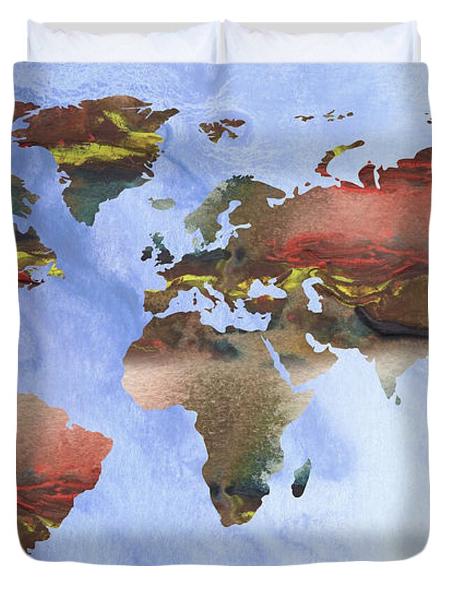 World Duvet Cover featuring the painting Terra Incognita Blue Waters World Map Watercolor by Irina Sztukowski