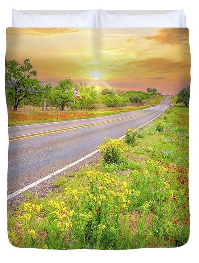 Texas Hill Country.texas Wildflowers Duvet Cover featuring the photograph Texas Backroad Bliss by Lynn Bauer