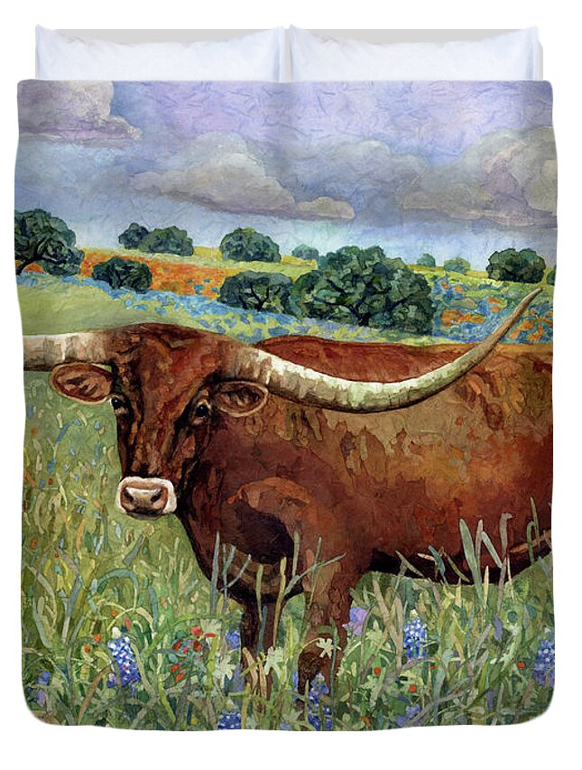 Longhorn Duvet Cover featuring the painting Texas Longhorn 2 by Hailey E Herrera