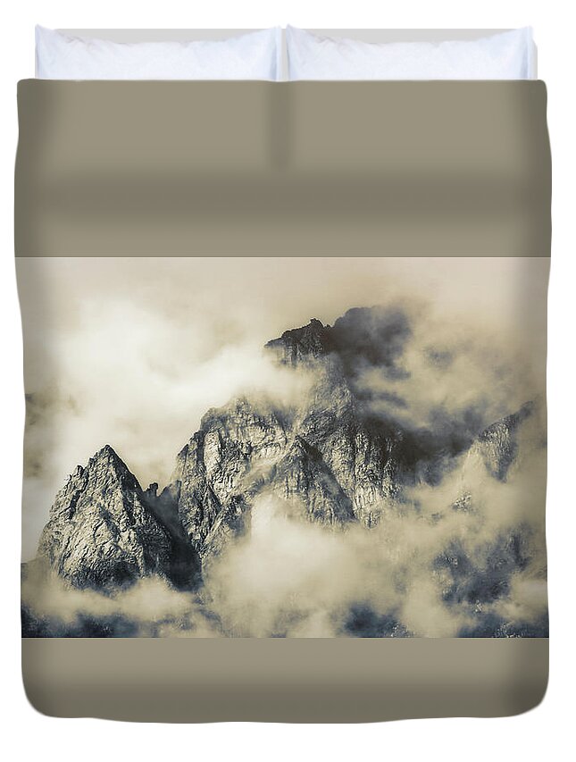 Mountain Mood Duvet Cover featuring the photograph Textured Moody Mountains Panorama by Dan Sproul