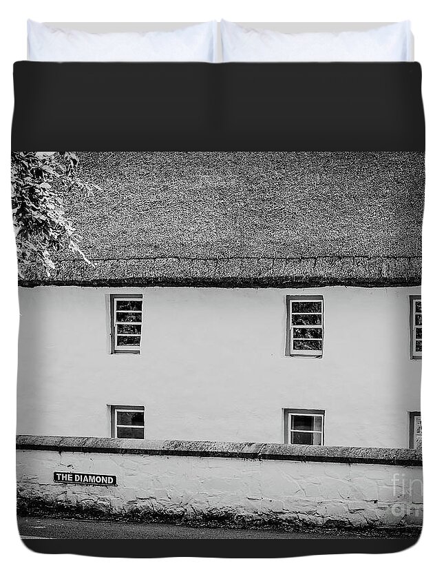 Thatched Building Duvet Cover featuring the photograph Thatched Building on the Diamond bw by Eddie Barron