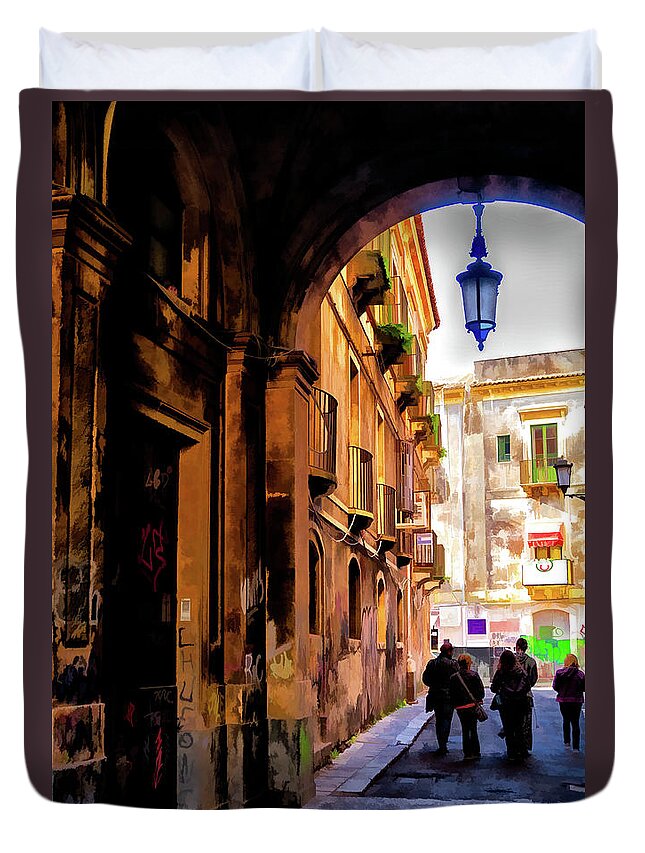 Catania Duvet Cover featuring the photograph The Alley from Teatro Bellini, Catania, Sicily. by Monroe Payne
