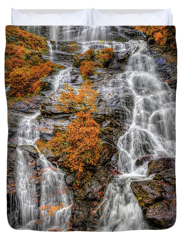 Waterfall Duvet Cover featuring the photograph The Autumn Beauty of Amicalola Falls by Debra and Dave Vanderlaan