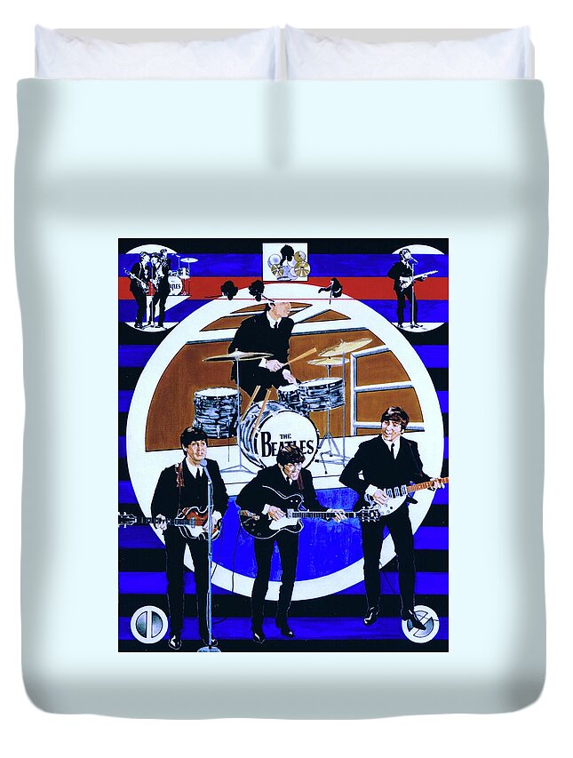 The Beatles Live Duvet Cover featuring the drawing The Beatles - Live On The Ed Sullivan Show by Sean Connolly