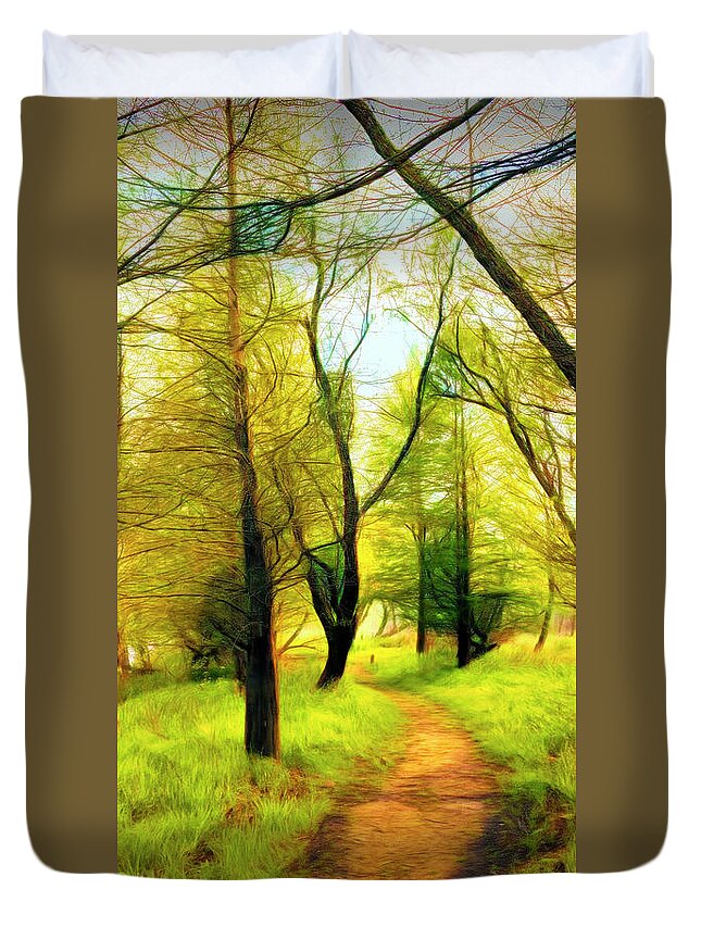 Carolina Duvet Cover featuring the photograph The Beautiful Forest Trail in Abstract in Middle Vertical Tripty by Debra and Dave Vanderlaan