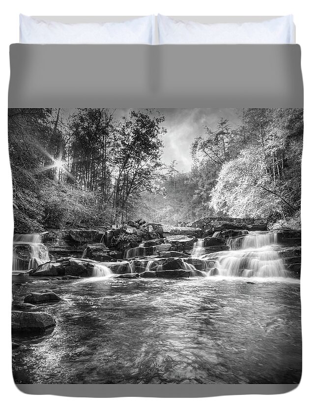 Carolina Duvet Cover featuring the photograph The Beauty of Smoky Mountain Waterfalls Black and White by Debra and Dave Vanderlaan