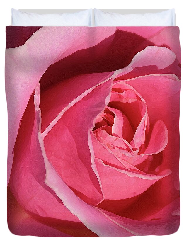 Rose; Roses; Flowers; Flower; Floral; Flora; Pink; Pink Rose; Pink Flowers; Digital Art; Photography; Painting; Simple; Decorative; Décor; Macro; Close-up Duvet Cover featuring the photograph The Beauty of the Rose by Tina Uihlein