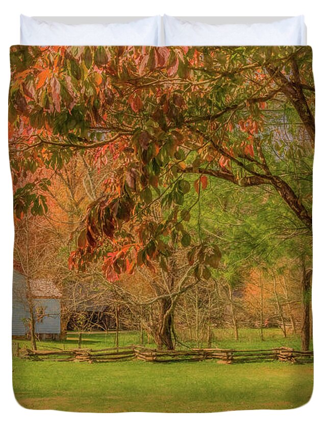 Cades Cove Duvet Cover featuring the photograph The Becky Cable Place in Autumn by Marcy Wielfaert